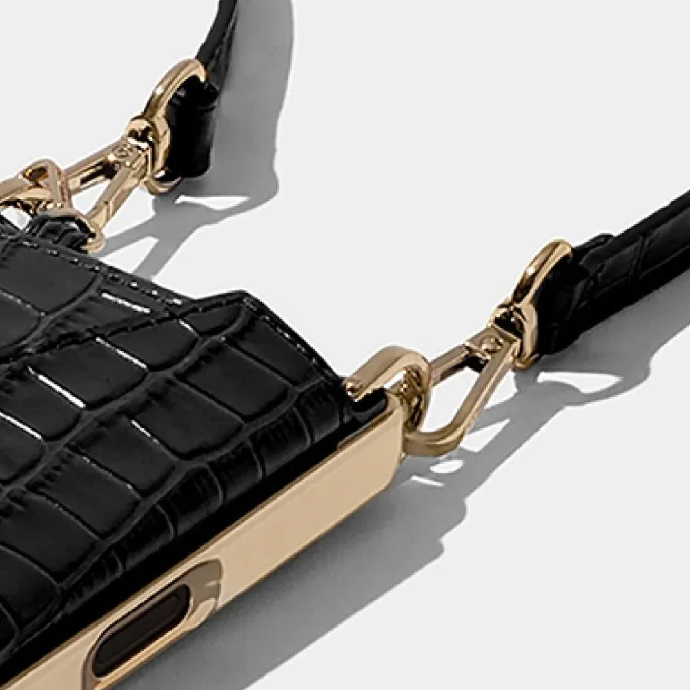 Bandolier Black Croc-Embossed Leather Crossbody I phone 16 case with Gold
